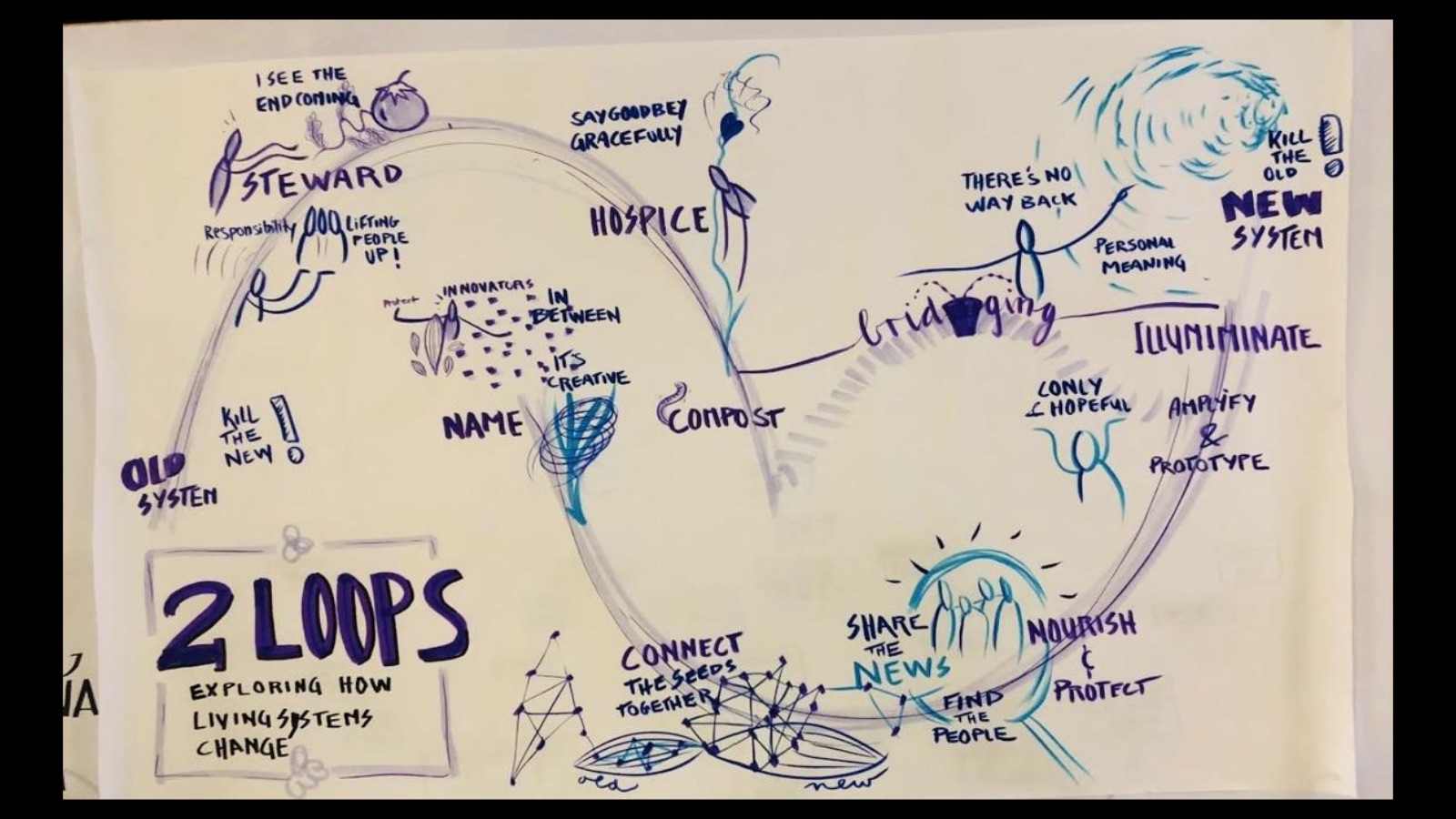 A hand-drawn sketch of the two loops model of system change