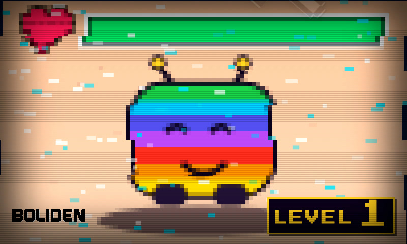 The scrap monster, a rainbow-striped pixel creature, smiling on a CRT-style screen